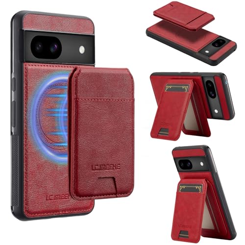 Magnetische Schutzhülle für Google Pixel 8A, mit Kartenhalter, RFID-blockierender Schutz, stoßfest, Leder, Magnetverschluss, Ständer, Schutzhülle, kabelloses Laden, Rot von LGZADD