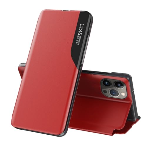 Schutzhülle für iPhone 13 Pro Max, Klapphülle, Leder, klare Sicht, mit Ständer, Handyhülle, Smart-Fenster, stoßfest, kompatibel mit 13 Pro Max, klare Sicht (Vermelho) von LGZADD