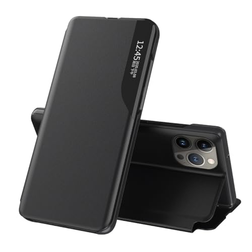 Schutzhülle für iPhone 13 Pro Max, Klapphülle, Leder, klare Sicht, mit Ständer, Handyhülle, Smart-Fenster, stoßfest, kompatibel mit 13 Pro Max Hülle, Clear View(schwarz) von LGZADD