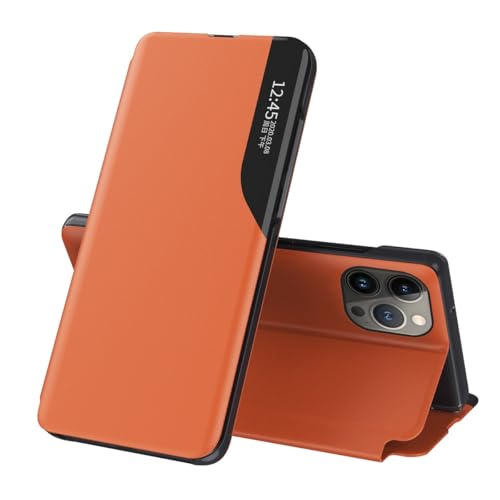 Schutzhülle für iPhone 13 Pro Max, Klapphülle, Leder, klare Sicht, mit Ständer, Handyhülle, Smart-Fenster, stoßfest, kompatibel mit 13 Pro Max Hülle, klare Sicht (Orange) von LGZADD