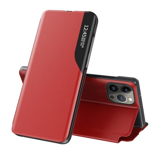 Schutzhülle für iPhone 15 Pro Max, Klapphülle, Leder, klare Sicht, mit Ständer, Handyhülle, Smart-Fenster, stoßfest, kompatibel mit 15 Pro Max, klare Sicht (Vermelho) von LGZADD