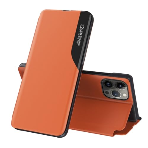 Schutzhülle für iPhone 15 Pro Max, Klapphülle, Leder, klare Sicht, mit Ständer, Handyhülle, Smart-Fenster, stoßfest, kompatibel mit 15 Pro Max Hülle, klare Sicht (Orange) von LGZADD