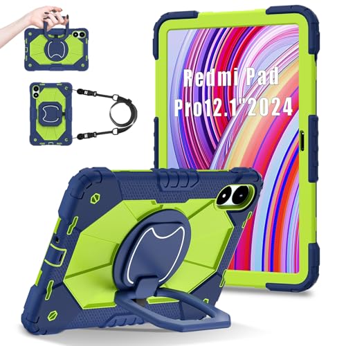 Schutzhülle kompatibel mit Xiaomi Redmi Pad Pro 12,1 Zoll / Poco Pad 30,7 cm (12,1 Zoll), robuste Schutzhülle, mit 360° drehbarem Ständer, Handschlaufe und Schultergurt, Marineblau / Gelb / Grün von LGZADD