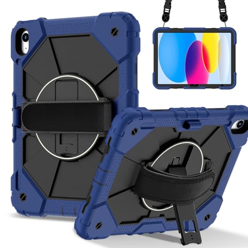 Stoßfeste Schutzhülle für iPad (A16) 11. Generation 2025, Hybrid-Silikon, PC-Hülle mit 360° drehbarem Ständer, kratzfestes Silikon, verstellbare Schulter-/Handgelenkriemen (Marineblau) von LGZADD