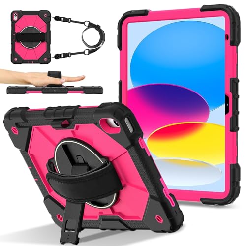 Stoßfeste Schutzhülle für iPad (A16) 11. Generation 2025, Hybrid-Silikon-PC-Hülle mit 360° drehbarem Ständer, kratzfestes Silikon, verstellbare Schulter-/Handgelenkriemen (Rosarot) von LGZADD