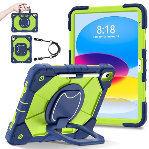 Tablet-Schutzhülle, kompatibel mit iPad der 10. Generation, 27,7 cm (11 Zoll), 2022, strapazierfähig, stoßfest, mit 360° drehbarem Ständer, Handschlaufe und Schultergurt, Marineblau und Grün von LGZADD