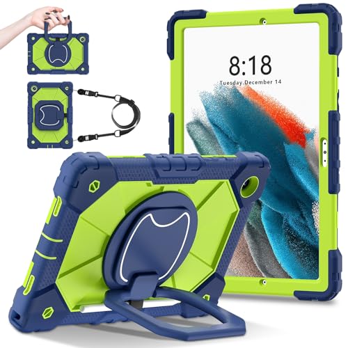 Tablet-Schutzhülle kompatibel mit Samsung Galaxy Tab A8 10,5 Zoll X200 / X205 (2021), strapazierfähig, stoßfest, mit 360° drehbarem Ständer, Handschlaufe und Schultergurt, Marineblau / Grün von LGZADD