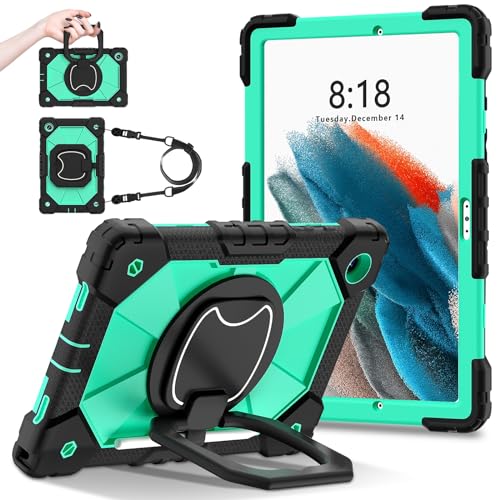 Tablet-Schutzhülle kompatibel mit Samsung Galaxy Tab A8 10,5 Zoll X200 / X205 (2021), strapazierfähig, stoßfest, mit 360° drehbarem Ständer, Handschlaufe und Schultergurt, Schwarz + Mintgrün von LGZADD
