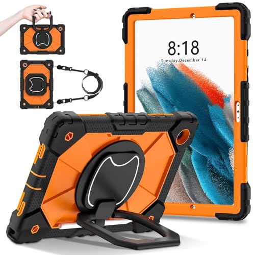 Tablet-Schutzhülle kompatibel mit Samsung Galaxy Tab A8 10,5 Zoll X200 / X205 (2021), strapazierfähig, stoßfest, mit 360° drehbarem Ständer, Handschlaufe und Schultergurt, Schwarz + Orange von LGZADD