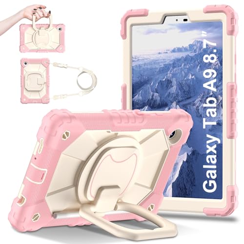 Tablet-Schutzhülle kompatibel mit Samsung Galaxy Tab A9 21,6 cm (8,7 Zoll) Modell 2023 (SM-X110/SM-X115), strapazierfähig, stoßfest, mit 360° drehbarem Ständer, Handschlaufe und Schultergurt, Roségold von LGZADD