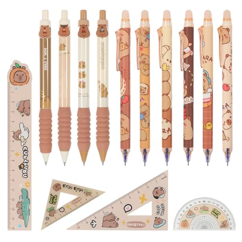 LHOEST 10 Stück Capybara Stifte, 6PCS Radierbarer Kugelschreiber Tintenroller ＆ 4PCS Gelschreiber, Capybara Tierstifte Stationery Set, Radierbare Gelstifte Radierbar Gel Stift Schulsachen von LHOEST