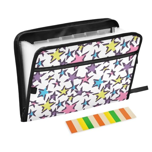 LI ZHI XIN A4 Dokumentenmappe Mit 13 Tasche Dokument Organizer Klassifizierungsordner Wasserfeste Seitlich ReißVerschluss Ordner FäChermappe Bunter Stern-Muster von LI ZHI XIN