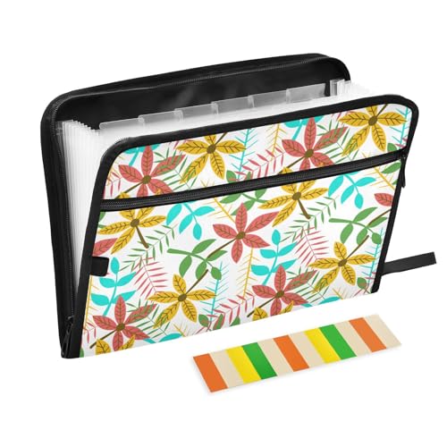 LI ZHI XIN A4 Dokumentenmappe Mit 13 Tasche Dokument Organizer Klassifizierungsordner Wasserfeste Seitlich ReißVerschluss Ordner FäChermappe Buntes Blätter-Muster von LI ZHI XIN