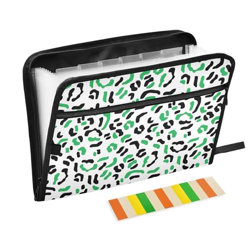 LI ZHI XIN A4 Dokumentenmappe Mit 13 Tasche Dokument Organizer Klassifizierungsordner Wasserfeste Seitlich ReißVerschluss Ordner FäChermappe Grüner Leopardenmuster von LI ZHI XIN