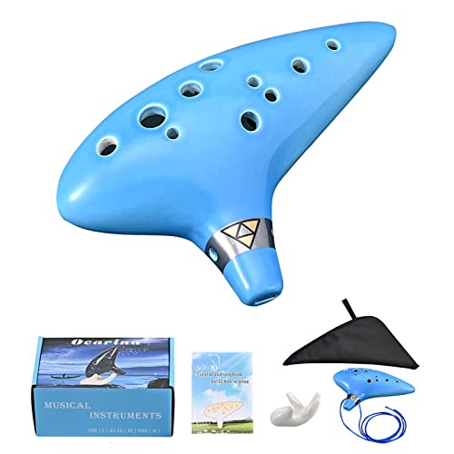 LIEKE Ocarina 12 Loch Alt C Keramik Okarinas Musikinstrument Geschenk für Anfänger Erwachsene mit Präsentationsständer Liederbuch Umhängeband Tasche (Hellblau) von LIEKE