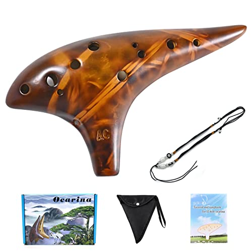 LIEKE Ocarina 12 Löcher Alto C Straw Smoked Okarina Flöte, Keramik Okarinas mit Songbook-Halsriemen, Musikinstrument, Geschenk für Kinder und Erwachsene (Gelb) von LIEKE
