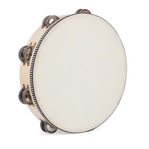 LIEKE Tamburin 10" Tambourine Ziegenfell Handtrommel mit 8 Paar Doppel Metall Schellen Jingles für Musik Klassenzimmer Tanzparty Kirche Spiel Requisiten von LIEKE