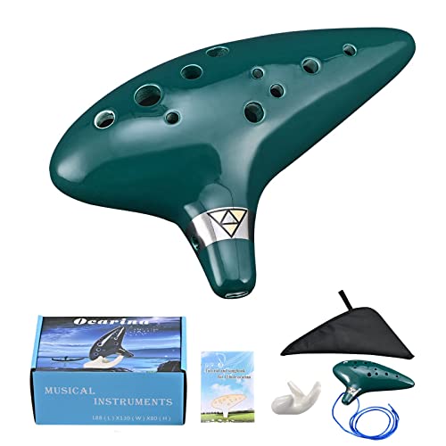 Ocarina Piccolo mit 12 Löchern Alt C Keramik mit Ständer Songbuch Umhängeband Tasche (dunkelgrün) von LIEKE