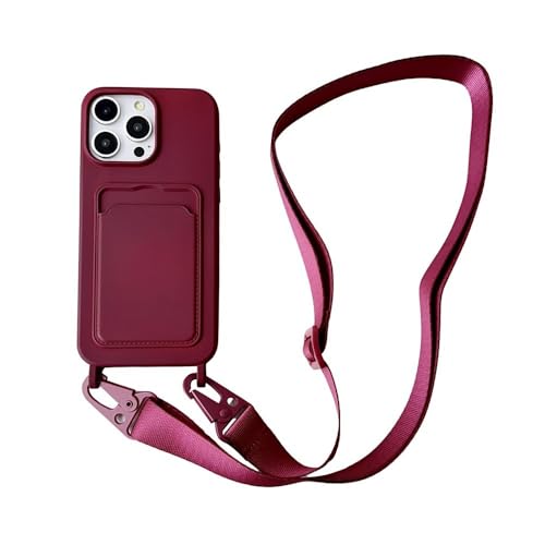 LIFEKA Crossbody Lanyard Halskette Seil Brieftasche Silikonhülle für iPhone 16 15 Plus 14 13 12 11 Pro Max Slot Kartenhalter Einfache Rückseite, Weinrot, Für iPhone 11 von LIFEKA
