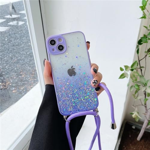 LIFEKA Glitzernde Pailletten Farbverlauf Klare Halskette Band Lanyard Handyhülle für iPhone 16 15 13 14 Pro Max 12 11 XR XS 7 8 Plus Soft Cover, Lila, Für iPhone 12Pro Max von LIFEKA