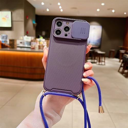 LIFEKA Lanyard Cord Rope Strap Magnetische Handyhülle für iPhone 16 15 14 13 12 11 Pro Max Slider Kameraobjektiv-Schutzabdeckung, Lila, Für iPhone 15 Plus von LIFEKA