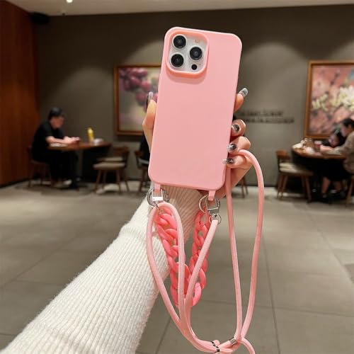 LIFEKA Lanyard Marmor Acryl Kette Handyhülle für iPhone 16 15 14 13 12 11 Pro Max Einfarbige Matte weiche Silikonhülle, Pink, für iPhone 14 Pro von LIFEKA