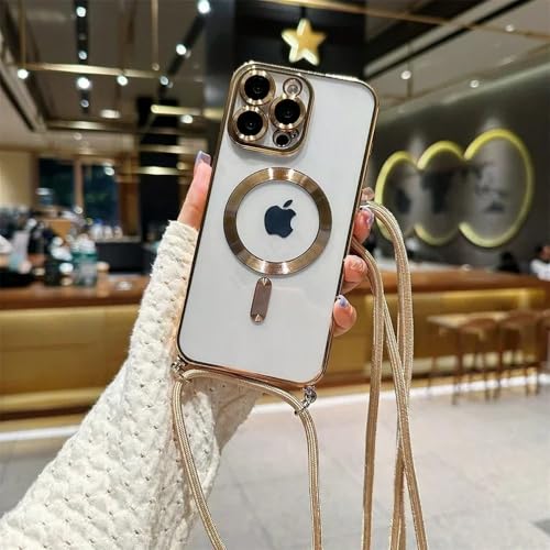 LIFEKA Lanyard Transparente Magnethülle für iPhone 16 15 14 13 12 11 Pro Max Plus Weiche TPU-galvanisierte Rückseite, Gold, Für iPhone 15 Pro von LIFEKA