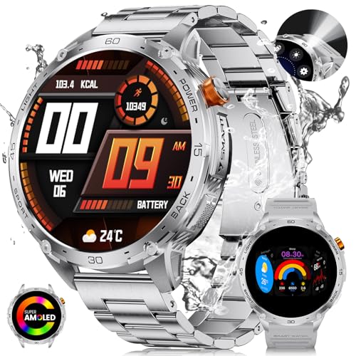 LIGE 1.75" Groß AMOLED Bildschirm Smartwatch Herren mit LED Taschenlampen, Outdoor Militär Smart Watch für Android iOS, 100+ Sportarten, IP68 Wasserdicht, 200+ Ziffernblätter, Silbernes Metallband von LIGE