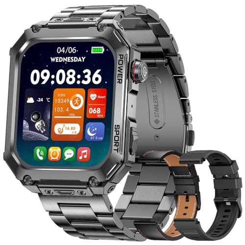 LIGE 2025 Militär Smartwatch Herren mit Telefonfunktion(3 Bänder),1.96 Zoll Smart Watch Fitnessuhr, 100+ Sportmodi,400mAh 5ATM Wasserdicht Smart Watch mit Schrittzähler Pulsmesser Schlafmonitor von LIGE