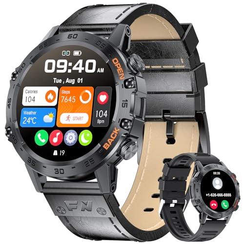 LIGE Militär Smartwatch Herren (Anruf Texte Erinnerung),1,39 Zoll Robuste Outdoor Smartwatch mit Herzfrequenz Schlafüberwachung,100+ Sportmodi Fitnessuhr Schwarzes Leder Smart Watch für Android iOS von LIGE