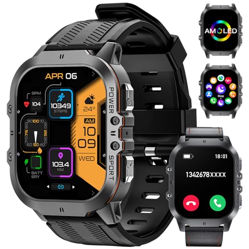 LIGE Militär Smartwatch Herren Damen, 1,96 Zoll AMOLED Always on Display Sportuhr mit Bluetooth Anrufe für iOS Android, IP68 Wasserdicht Fitnessuhr mit Herzfrequenzmonitor Schlafmonitor von LIGE