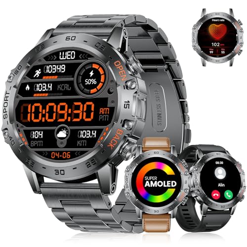 LIGE Smartwatch Herren Militär mit 530mAh Akku, 1.43'' AMOLED Sportuhr mit Telefonfunktion(3 Bänders), Herzfrequenz, SpO2, Schlafmonitor, IP68 Wasserdicht 120+ Sportmodi Fitnessuhr für Android iOS von LIGE