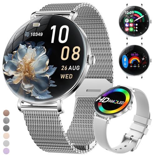 LIGE 2025 Smartwatch Damen, 1,43" HD AMOLED Kreisbogen Display Silber Armbanduhr mit Telefonfunktion, Menstruationszyklus/Herzfrequenz, IP68 Wasserdicht 120+ Sportmodi Sportuhr für Andriod iOS von LIGE