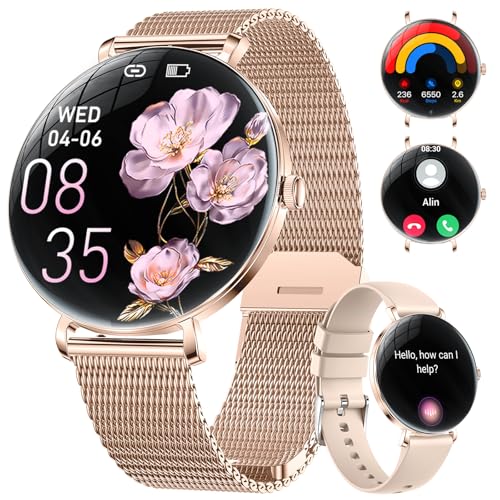 LIGE 2025 Smartwatch Damen, 1,43" HD AMOLED Kreisbogen Display Roségold Armbanduhr mit Menstruationszyklus/Herzfrequenz, Telefonfunktion, IP68 Wasserdicht 120+ Sportmodi Sportuhr für Andriod iOS von LIGE