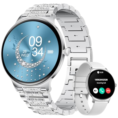LIGE Smartwatch Damen 1.43" AMOLED Touchscreen mit Telefonfunktion, Fitnesstracker Damen 120+Sportmodi/IP68/SpO2/Herzfrequenz/Menstruationszyklus Diamond Smart Watch für iOS Android(Silber) von LIGE