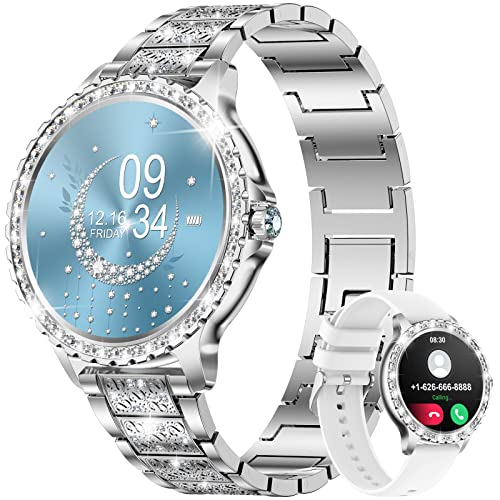 LIGE Smartwatch Damen mit Telefonfunktion, 1.32" Diamant Fitnessuhr Damen für IOS Android mit Schlafmonitor, SpO2, Pulsuhr, Blutsauerstoff, Menstruationszyklus, Smart Watch Armbanduhr Silber von LIGE