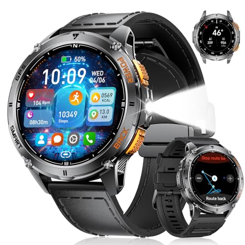 LIGE Smartwatch GPS Herren mit LED Taschenlampe 1.43″AMOLED mit Telefonfunktion 600 mAh Batterie Männer Smartwatch für iOS Android,Schrittzähler/Schlafmonitor/Kompass,170 Sportmodi,Schwarz von LIGE