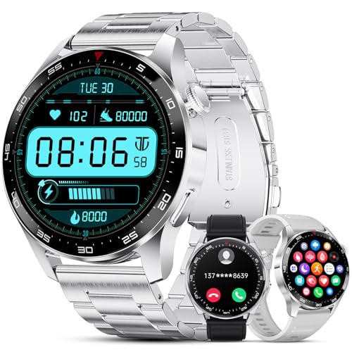 LIGE Smartwatch Herren(3 Armbändern) - 1.43''AMOLED Smartwatch Mit Telefonfunktion/Herzfrequenz/Schlafüberwachung/SpO2/400mAh/100+ Sportmodi Fitnessuhr Silber für Android iOS von LIGE