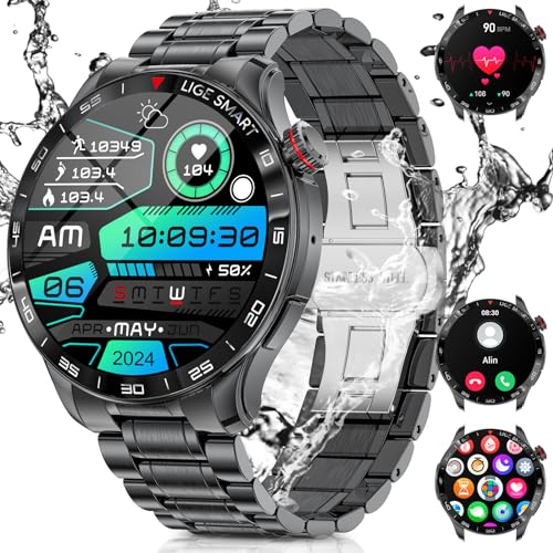 LIGE Smartwatch Herren, 1,43 Zoll AMOLED Always on Display Smart Watch mit Telefonfunktion für iOS Android, IP67 Wasserdicht Fitnessuhr mit Herzfrequenzmonitor Schlafmonitor Schrittzähler, Schwarz von LIGE