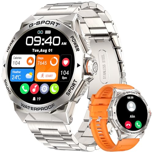 LIGE Smartwatch Herren,1.43" HD AMOLED-Bildschirm, 400mAh Akku,Telefonfunktion,Fitnessuhr mit Blutdruck, Pulsmesser,Schrittzähler,Aktivitätstracker für iOS Android,Silber von LIGE