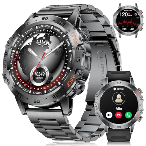 LIGE Smartwatch Herren,1.45″ AMOLED Smartwatch mit Telefonfunktion,IP68 Wasserdicht Fitnessuhr mit 24/7 Herzfrequenz,Schlafmonitor,Schrittzähler,100+ Sportmodi Sportuhr für iOS Android von LIGE