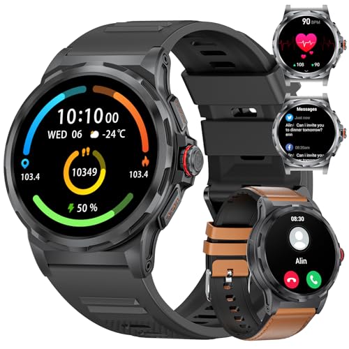 LIGE Smartwatch Herren 1.43" AMOLED,2 Gurte,Militär Smart Watch mit Telefonfunktion,400mAh,5ATM Wasserdicht,129 Sportmodi Sportuhr Schrittzähler SpO2 Schlafmonitor Fitnessuhr für iOS Android von LIGE