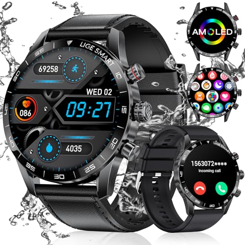 LIGE Smartwatch Herren 1.43 Zoll AMOLED-Display, Smartwatch mit Bluetooth Telefonie und Sprachassistenz, Herzfrequenz, SpO2, 124 Sportmodi Fitnessuhr Smart Watch für Android iOS von LIGE
