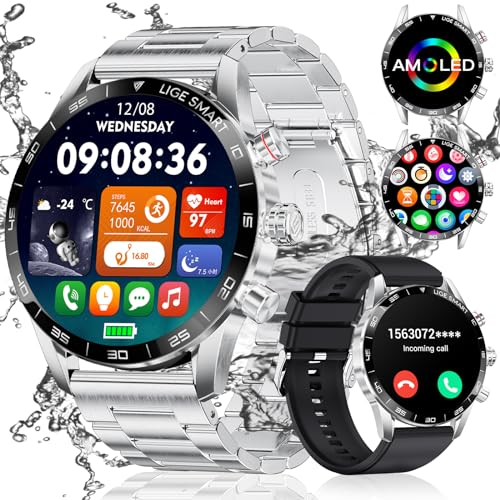 LIGE Smartwatch Herren 1.43 Zoll AMOLED-Display, Smartwatch mit Telefonfunktion und Sprachassistenz, Herzfrequenz SpO2 124 Sportmodi Fitnessuhr Smart Watch für Android iOS… von LIGE