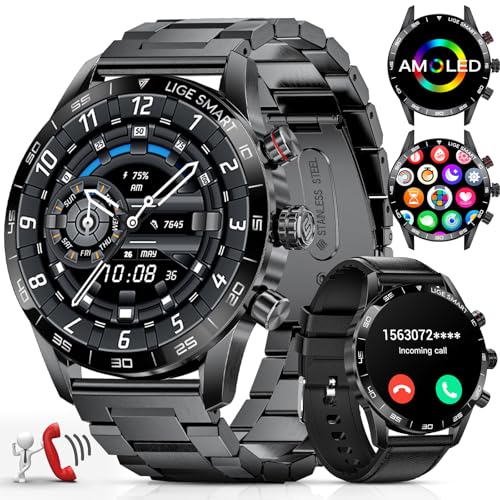 LIGE Smartwatch Herren 1.43 Zoll AMOLED-Display, Smartwatch mit Telefonfunktion und Sprachassistenz Herzfrequenz SpO2 124 Sportmodi Fitnessuhr Smart Watch für iOS Android von LIGE