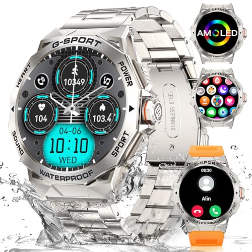 LIGE Smartwatch Herren Bluetooth Anruf Voice Chat für Android und iOS Smartwatch 1,43" AMOLED Always-on Display Männer Smartwatch 460 mAh Herzfrequenz Schlaf Gesundheit Monitor Grau Smartwatch von LIGE