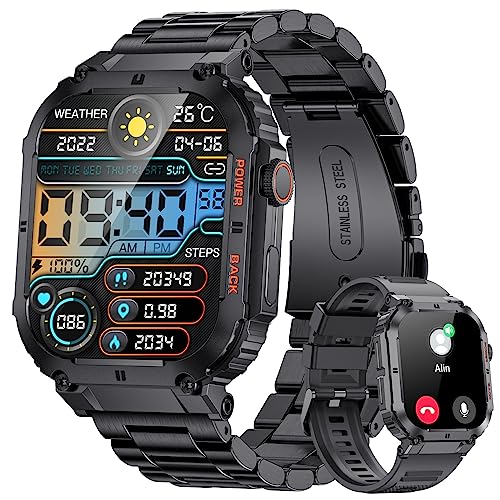 LIGE Smartwatch Herren Militärische, Bluetooth Anruffunktion, 1,96'' HD Touchscreen Gesundheitsmonitor, 400mAh, 5ATM wasserdichte Smartwatch Kompatibel mit iOS Android, Schwarz Edelstahl von LIGE