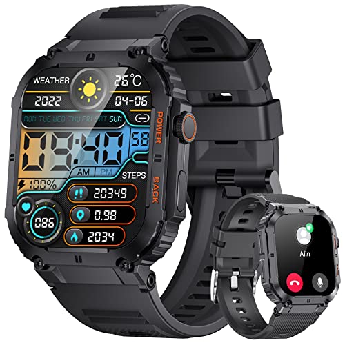 LIGE Smartwatch Herren Militärische, Bluetooth Anruffunktion, 1,96'' HD Touchscreen Gesundheitsmonitor, 400mAh, 5ATM wasserdichte Smartwatch Kompatibel mit iOS Android Silikon Schwarz von LIGE