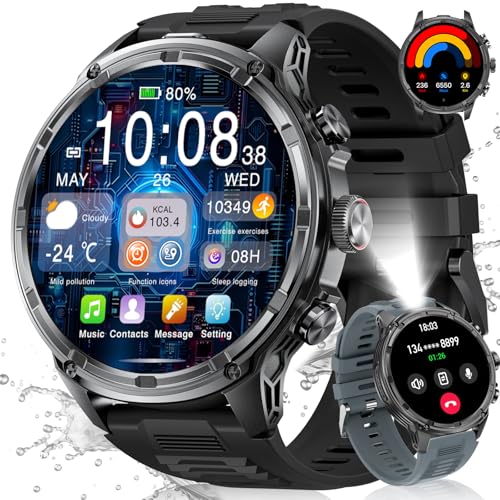 LIGE Smartwatch Herren mit LED Taschenlampe, 1.85‘’ HD Großes Display/710 mAh Akku Sportuhr Herren mit Telefonfunktion, 100+ Sportmodi Fitnessuhr, 24/7 Herzfrequenz/Schlafmonitor für Android iOS, IP68 von LIGE