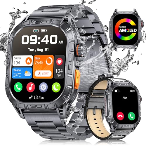 LIGE Smartwatch Herren mit Große 1.96 Zoll AMOLED Screen 380 mAh Batterie Telefonfunktion Langer Akku Fitness Tracker 5ATM Wasserdicht Blutdruck/Herzfrequenz Smartwatch für iOS Android von LIGE